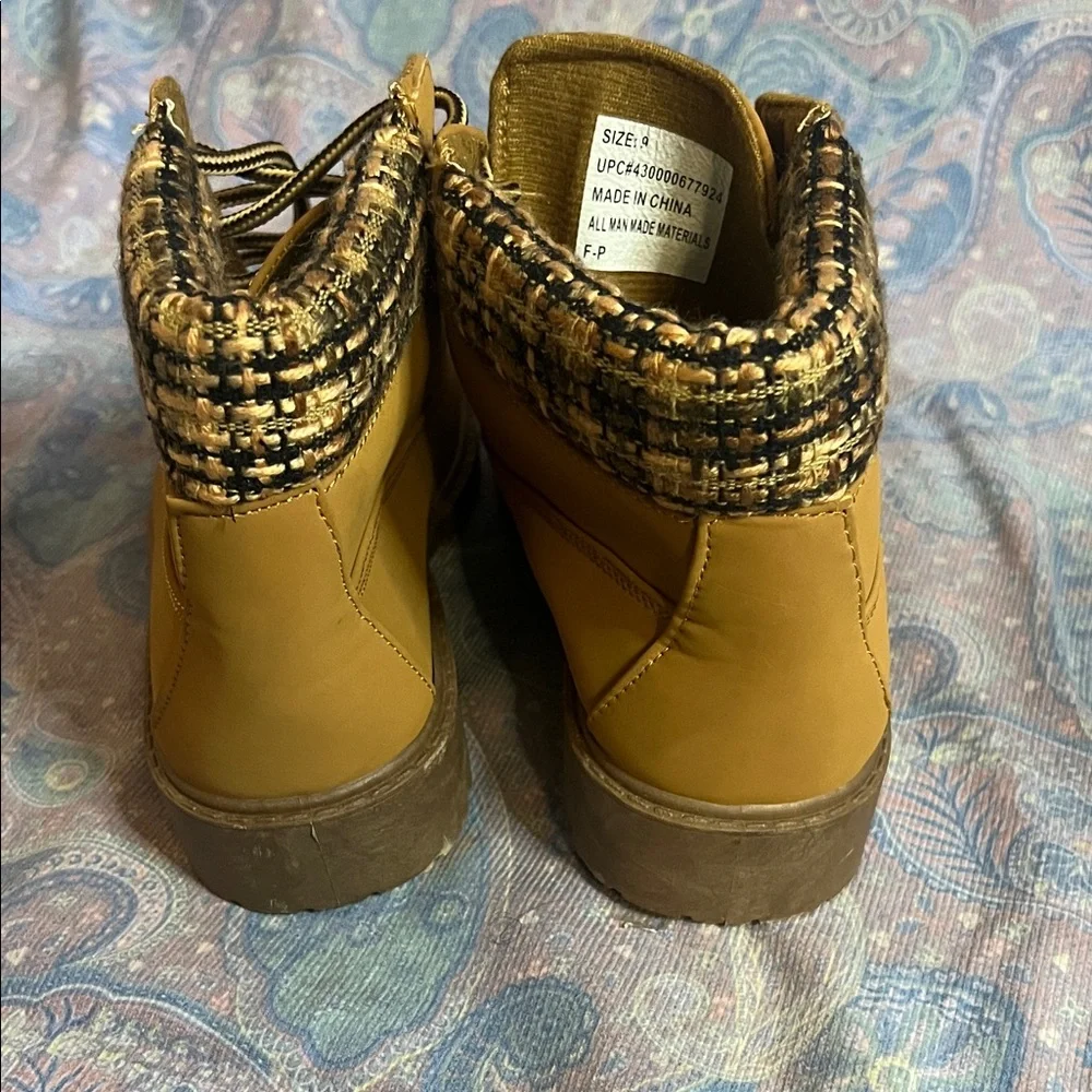 Tan Ankle Boots with Plaid Cuff - Picture 2 of 8